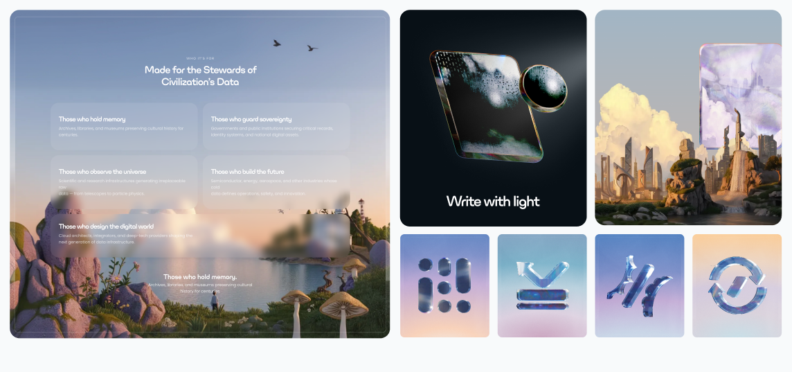 Made for the Stewards of Civilization's Data — product mockup, the Write with Light key visual, a weathered city, and a row of glass icons.