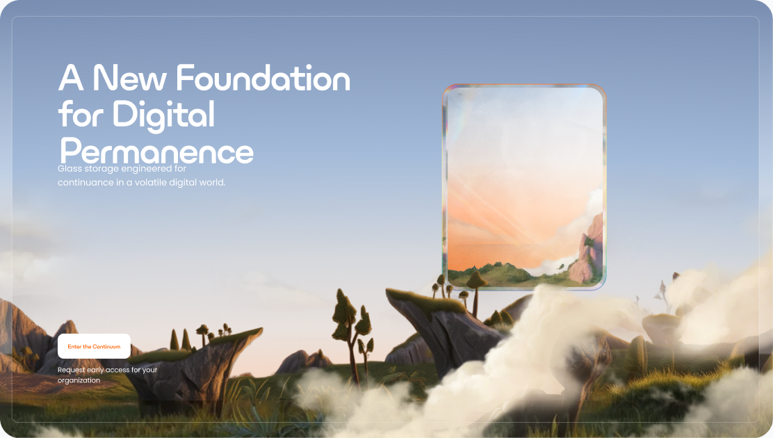 A New Foundation for Digital Permanence — the Ewigbyte hero, a floating landscape holding a pane of glass catching a sunrise.