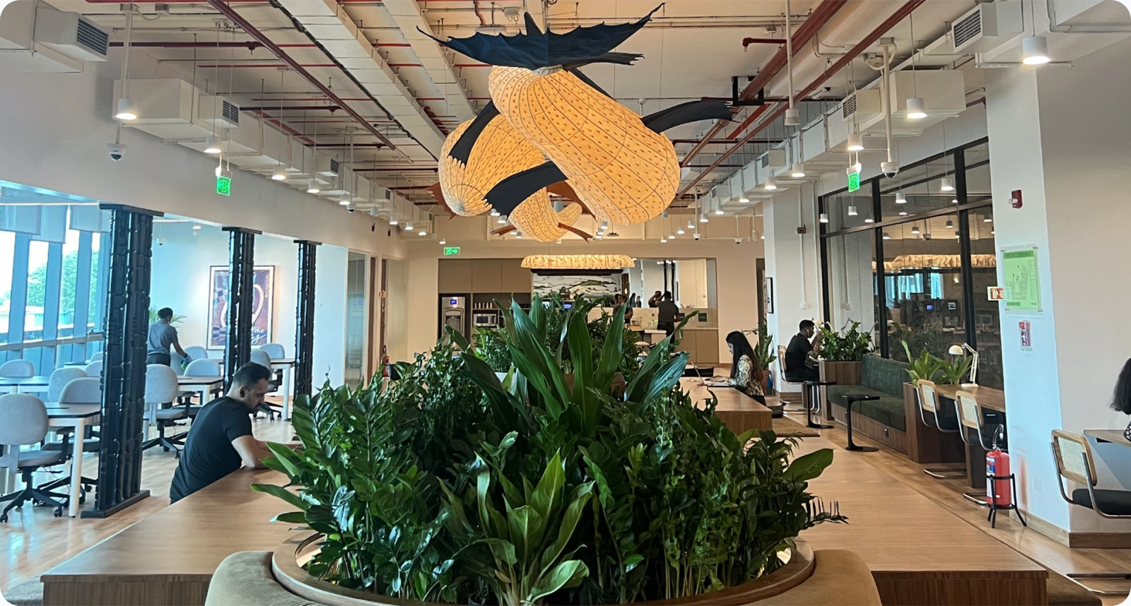 The Fish — a lit paper sculpture shaped like a fish, hung from the ceiling over WeWork's first Chennai coworking floor.