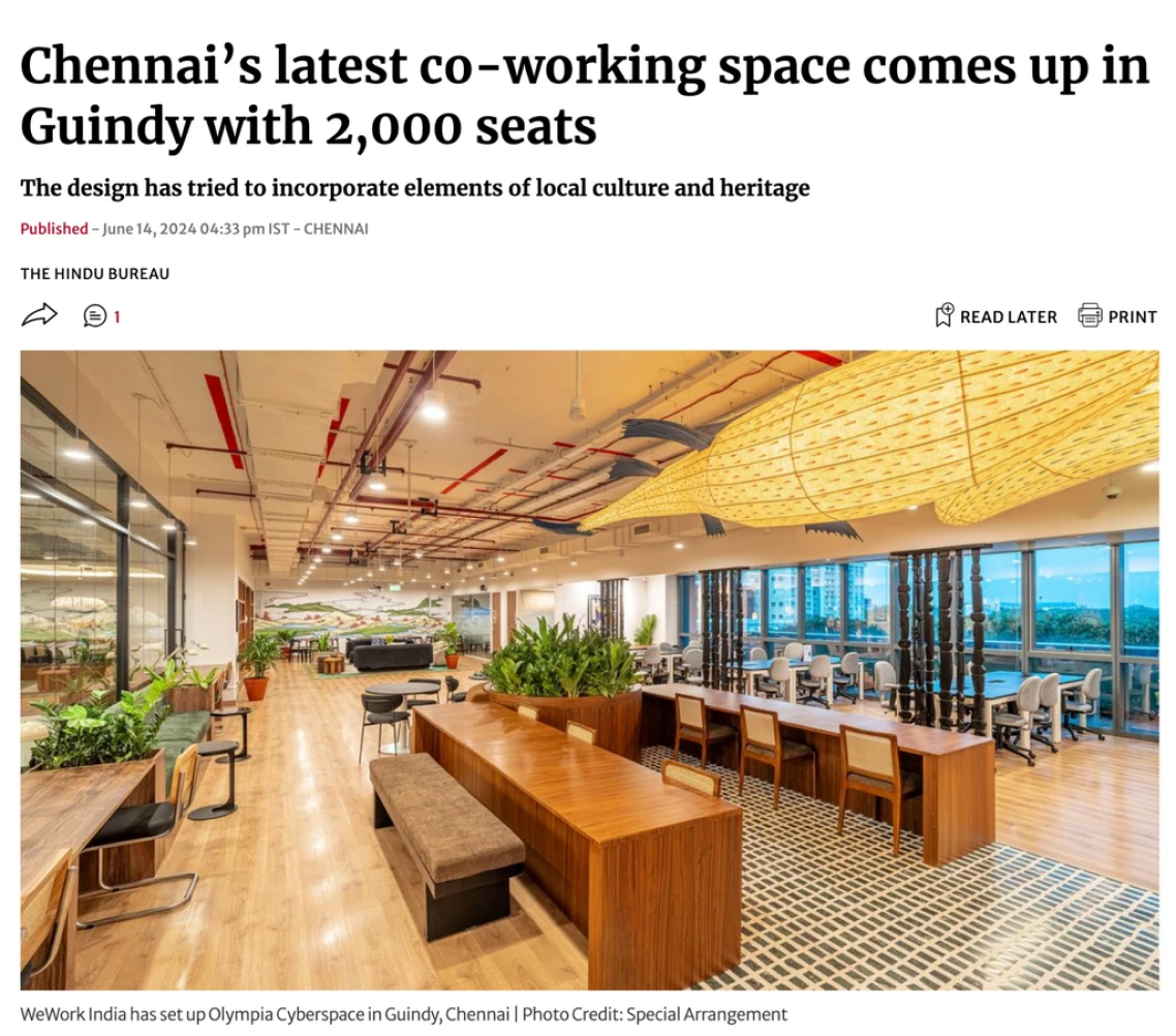 Press clipping — “Chennai's latest co-working space comes up in Guindy with 2,000 seats.”