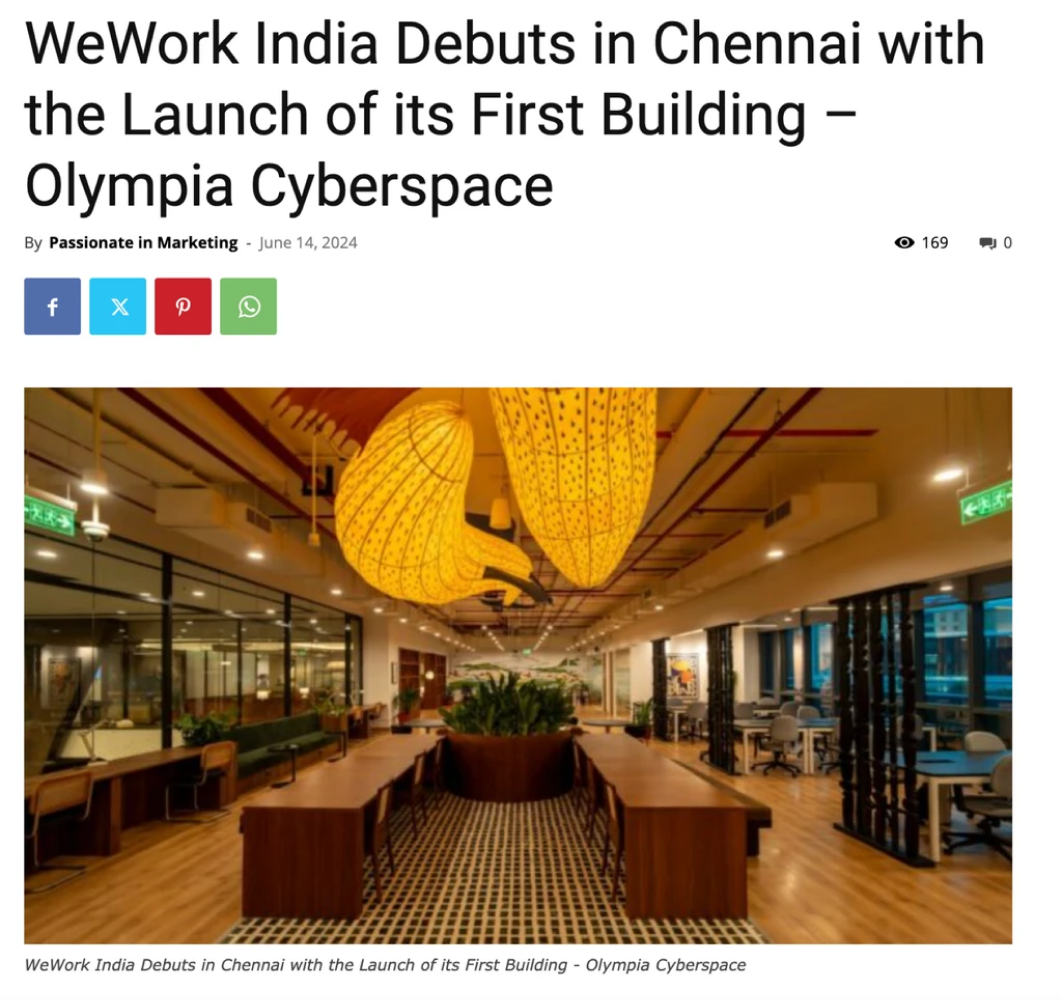 Press clipping — “WeWork India Debuts in Chennai with the Launch of its First Building — Olympia Cyberspace.”