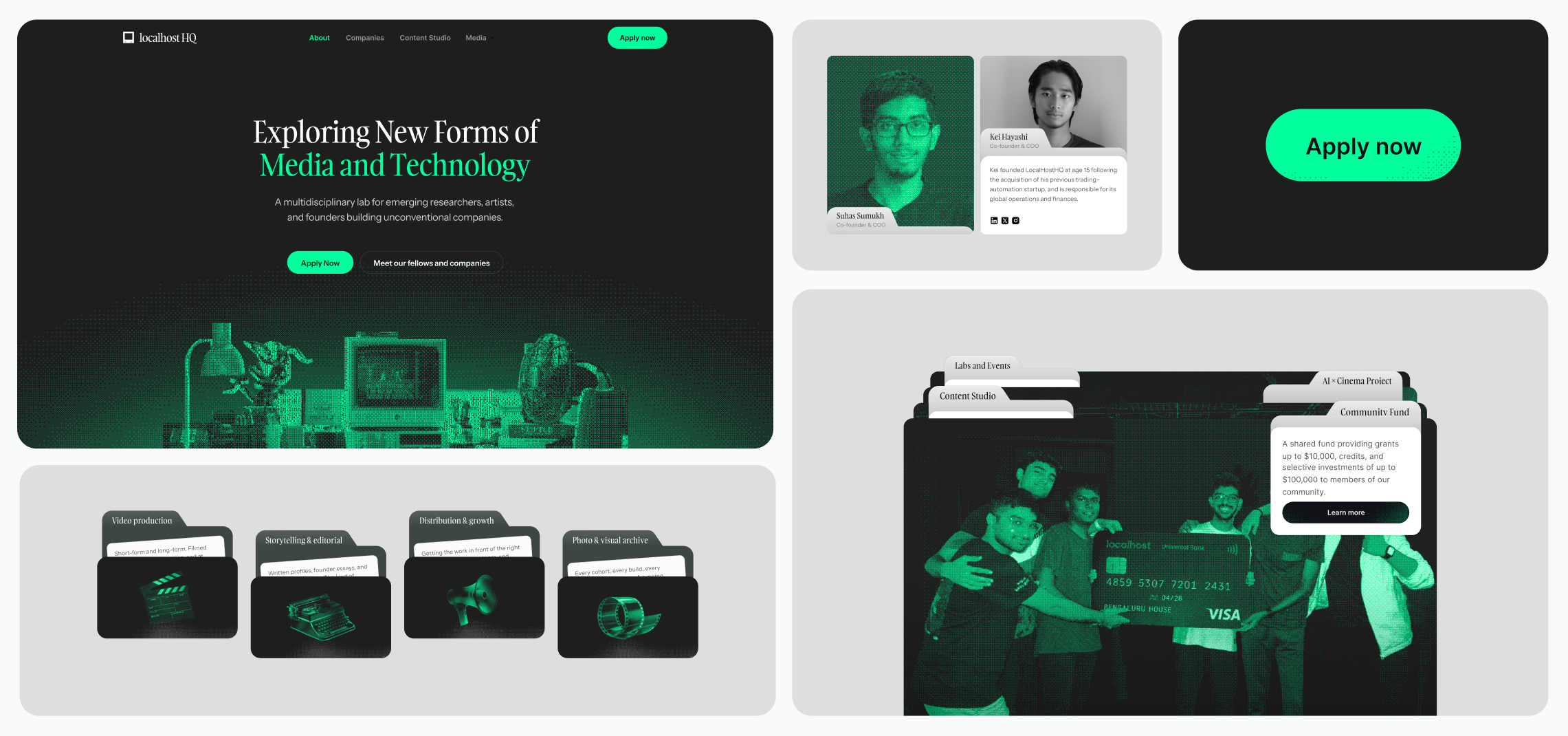 Exploring New Forms of Media and Technology — product mockups, a row of dithered device cards, an Apply now key visual, and a group photo of the lab.