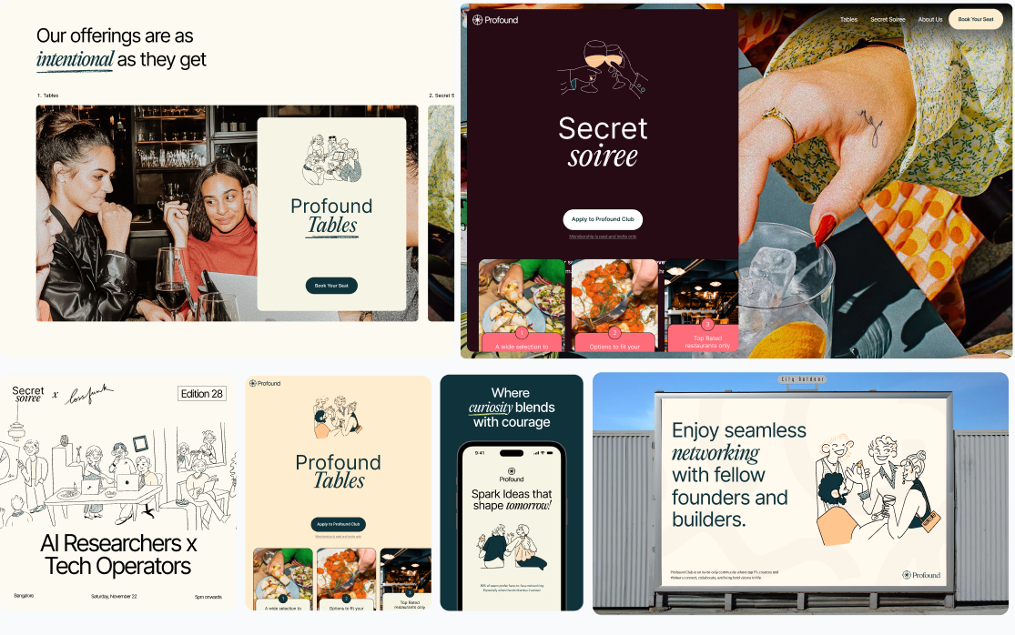 Profound campaign and brand pieces — Secret Soirée, the Profound Table, and product screens carrying the illustrations.
