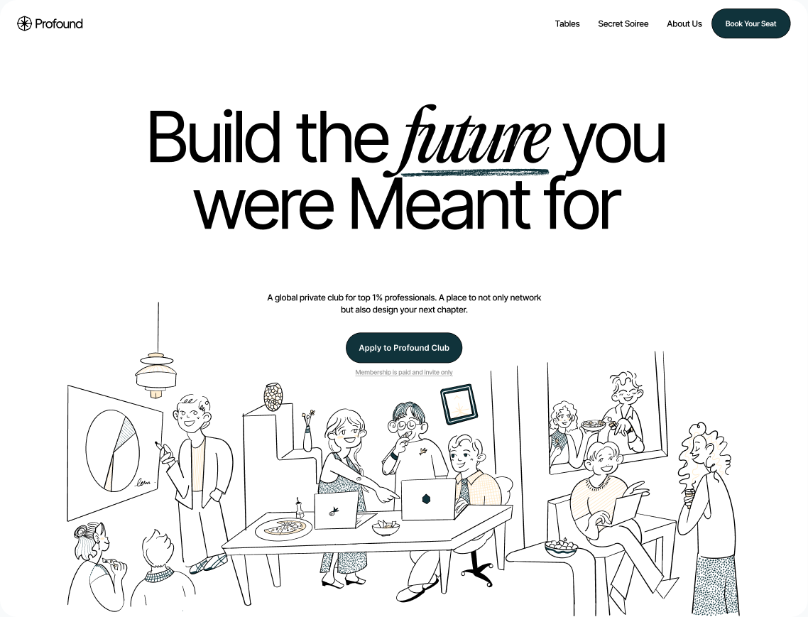 The Profound homepage — “Build the future you were Meant for” — over an illustrated room of people at work.