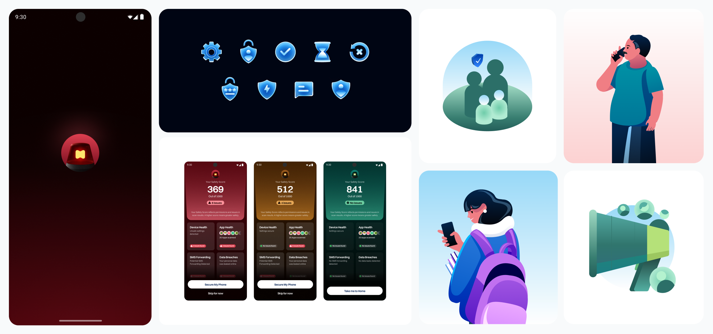 A band of Siren product screens and brand illustrations — the app scan flow, safety-score cards, and character artwork.