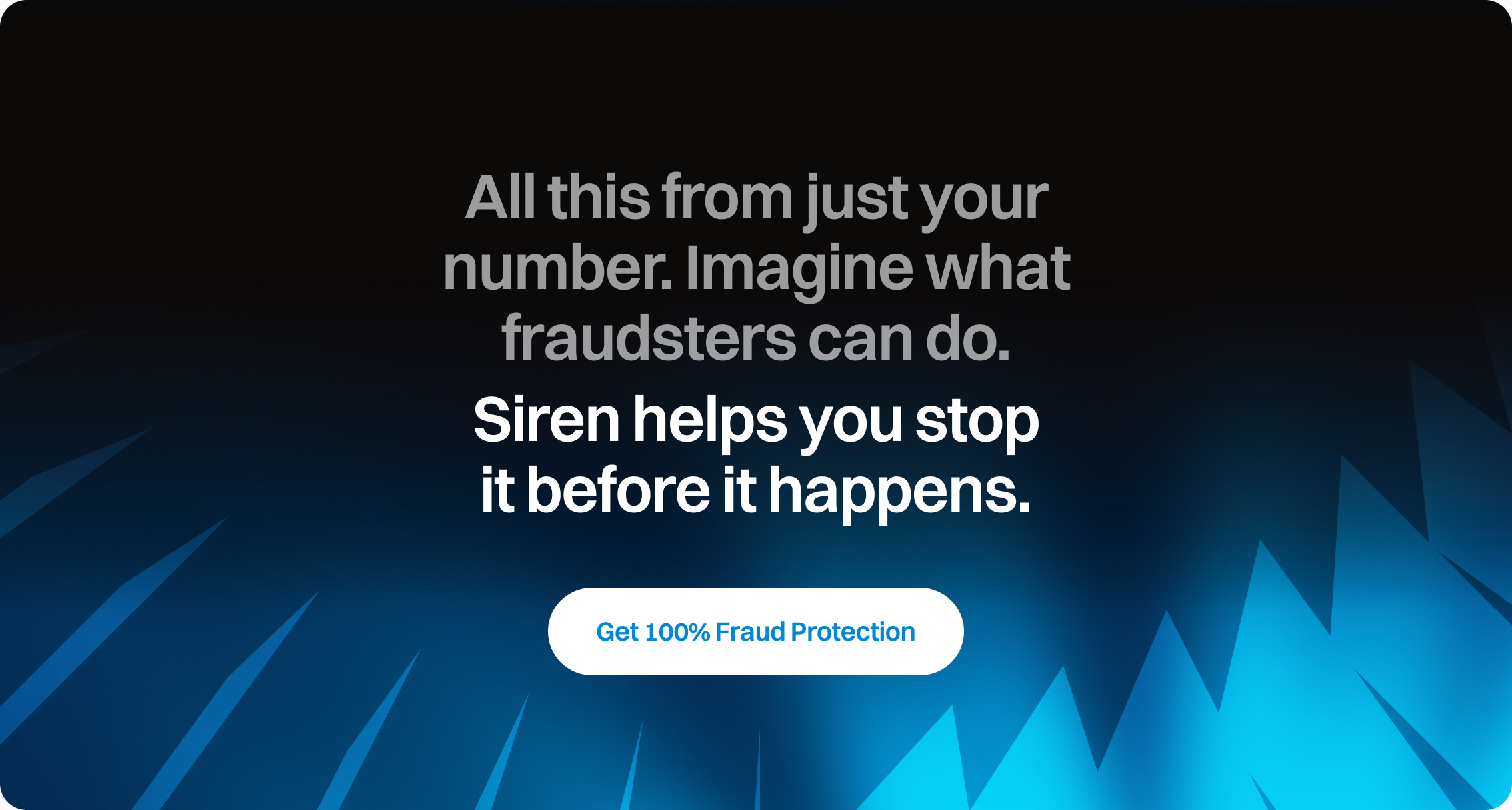 Siren microsite hero — “All this from just your number. Imagine what fraudsters can do. Siren helps you stop it before it happens.”